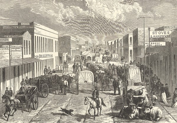 Busy street scene in Denver, Colorado, 1875