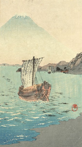 Print shows a large sailboat just off the shore with view of Mount Fuji in the distance