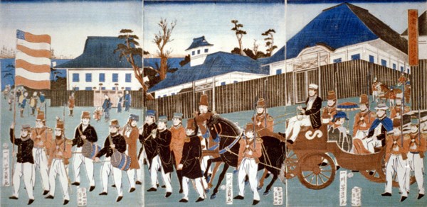 Yoshigawa, Tryptique représentant la parade des étrangers à Yokohama