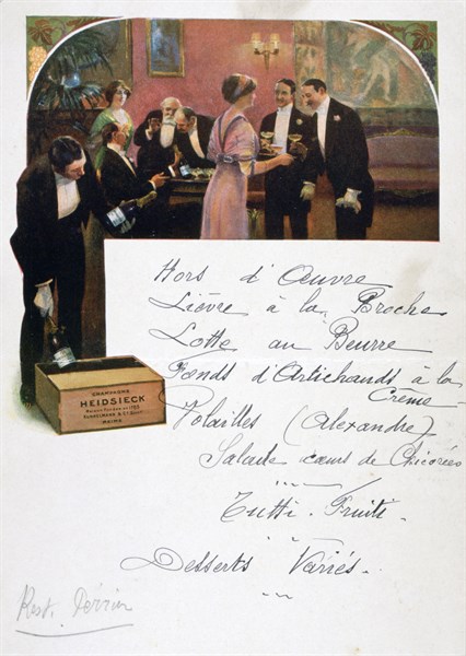 Restaurant menu hand-written on a publicity card