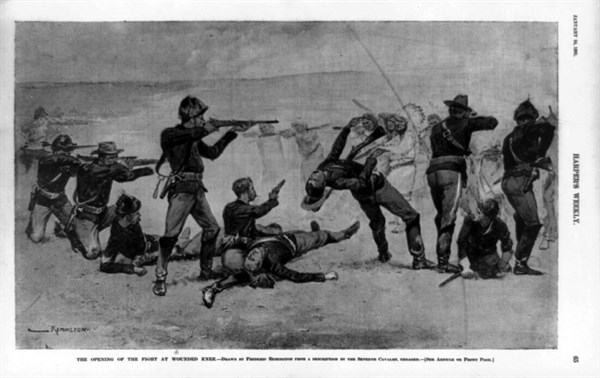 The opening of the fight at Wounded Knee