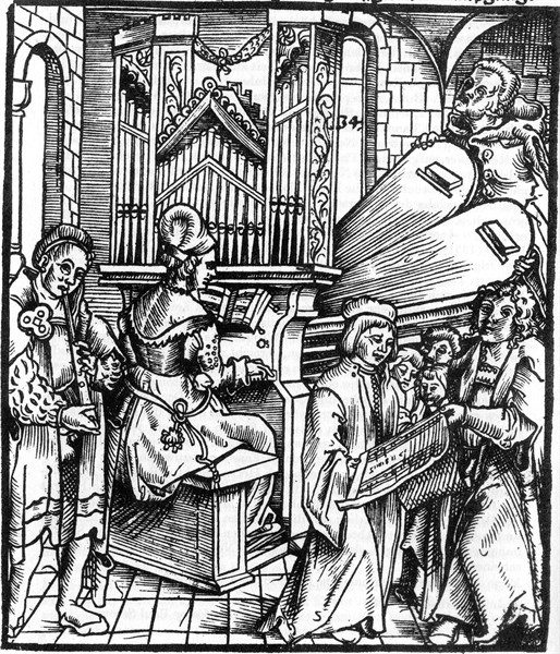 German woodcut depicting musical instruments