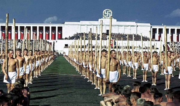 Nazi athletes parade at Nuremburg circa 1936