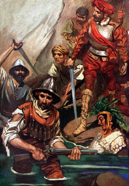 Cortez fleeing from Aztec pursuers