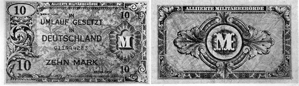 Obverse and reverse of an Allied 10 -mark note