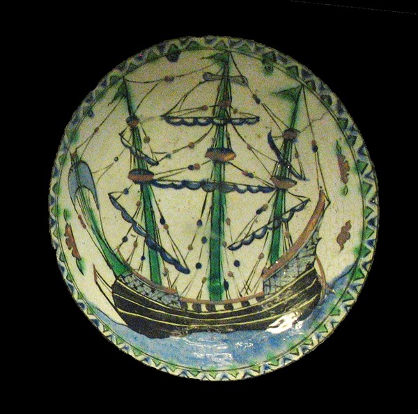 Dish painted with a pagoda-like structure