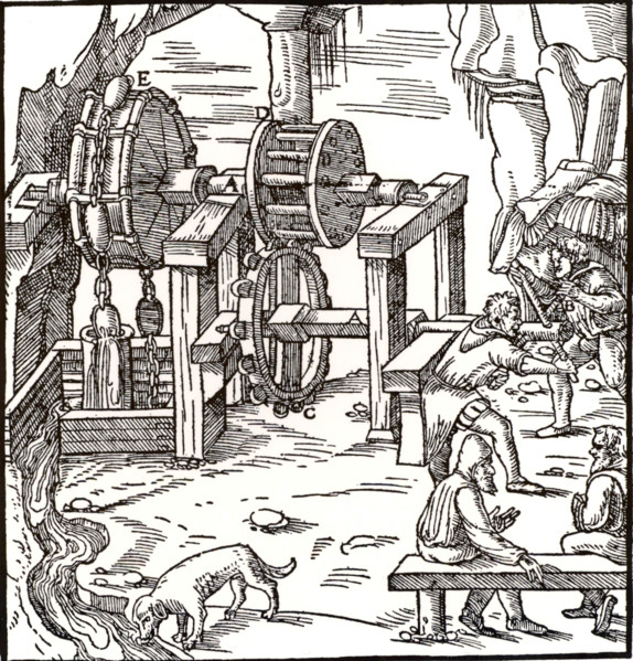 Rag-and-chain pump being used to raise water from a mine
