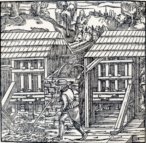 Stamping mills powered by and overshot water wheel