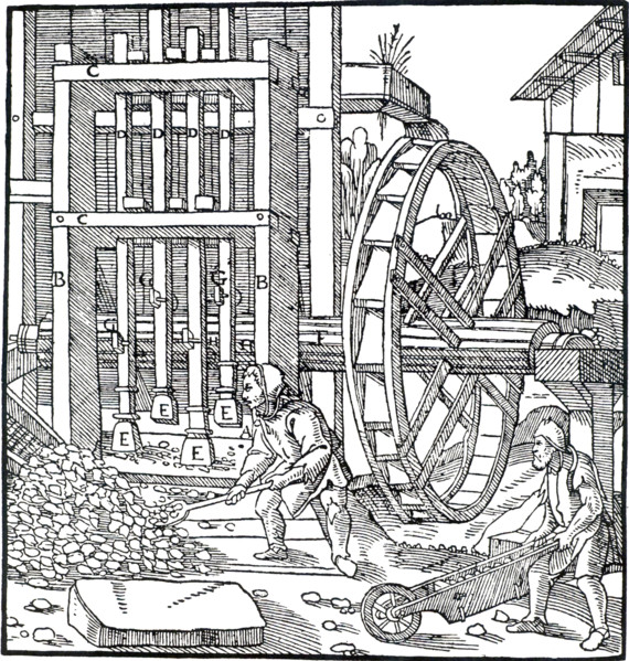 Overshot water wheel turning the cam-shaft of a stamping mill