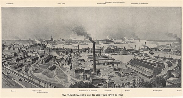 German naval base and Royal Dockyards, Kiel. From Das Buch der Erfindungen Gewerbe und Industrien',