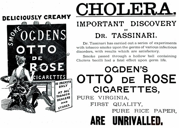 Advertisement claiming that smoking cigarettes could prevent cholera
