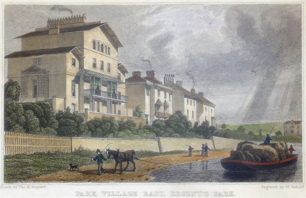 Horse hauling a barge on the Regent's Canal at Park Village East, London