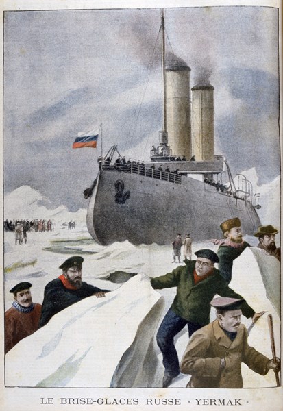 The Russian icebreaker 'Yermak' at work in a frozen sea