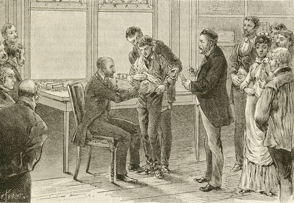 Louis Pasteur watching as a boy bitten by a rabid dog