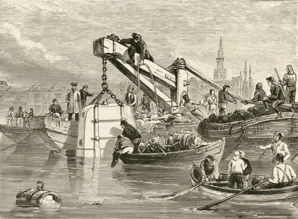 A Smeaton-type diving bell being lowered