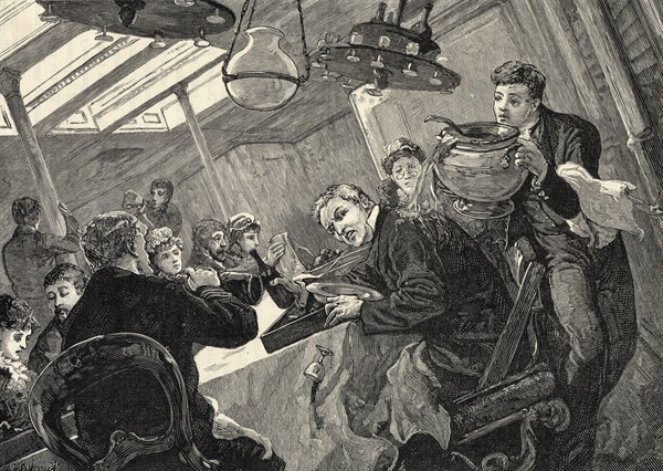 Dinner time in the first class dining salon of an Atlantic liner on a stormy day