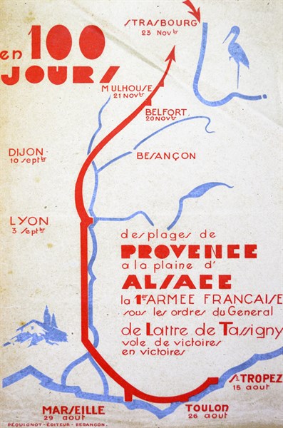Map showing the victorious World War Two, route of Jean de Tassigny, ( 1889 ñ 1952).
