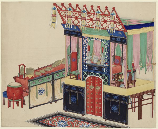 Taoist service altar with musical instruments for monks