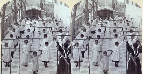 Calisthenics at Miss Arnot's Mission, Jaffa, Palestine.