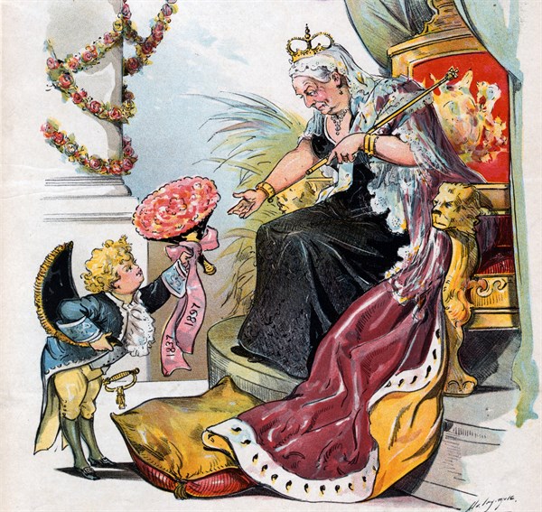 Puck bowing and handing a bouquet of flowers, 1837