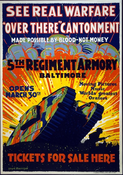American world war I poster showing a tank climbing across a trench.