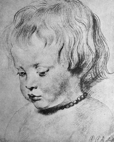 Chalk illustration of Nicholaas Rubens wearing a coral Necklace