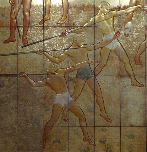Stucco panels with gold lacquer titled 'Sports'