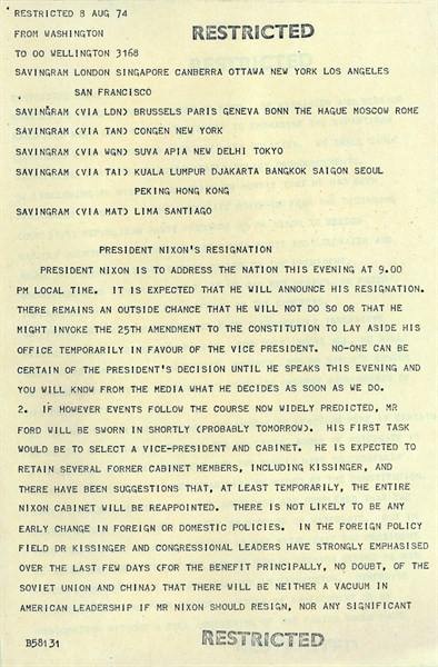 Telegram to US diplomats ahead of televised resignation of President Richard Nixon