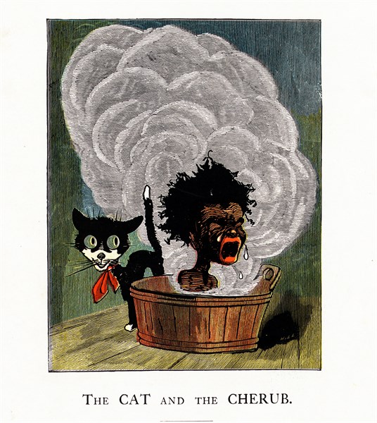 An American illustration of a cat next to an african-american boy crying out loud, in a steaming bath tub 1870