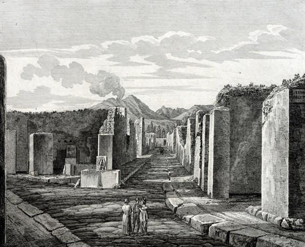 illustration showing tourists visiting the Roman ruins at Pompeii, in Italy, during their 'Grand Tour' of Europe. circa 1840