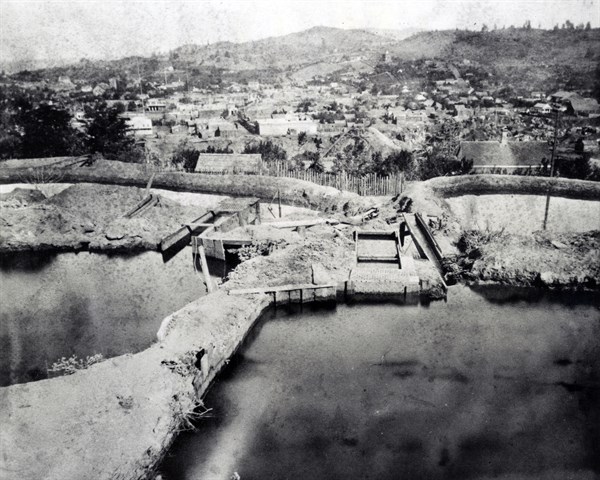 Photograph shows reservoirs used for mining placer gold at Columbia, Tuolumne County, California.