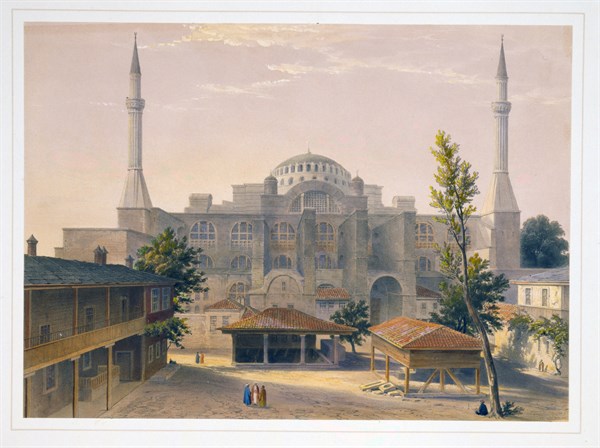 Colour lithograph of the Madrasah courtyard and exterior of Ayasofya Mosque, formerly the Church of Hagia Sophia