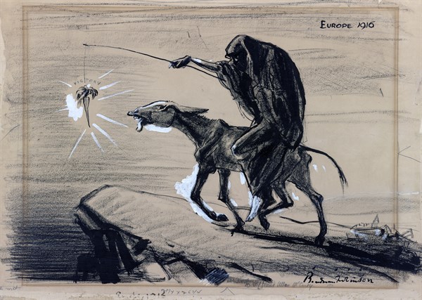 Political satire cartoon depicting Death riding an emaciated donkey and leading it toward a precipice by dangling a carrot, 'victory,' from a stick