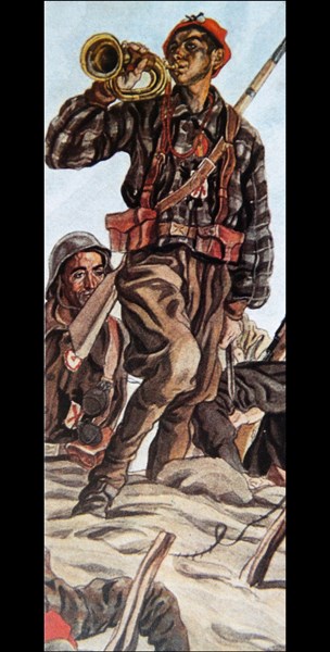 Carlist propaganda illustration of Carlist bugler playing.