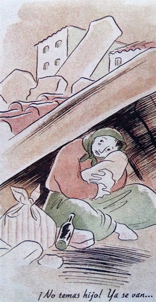 woman with baby sheltering in a ruined building, during the Spanish Civil War