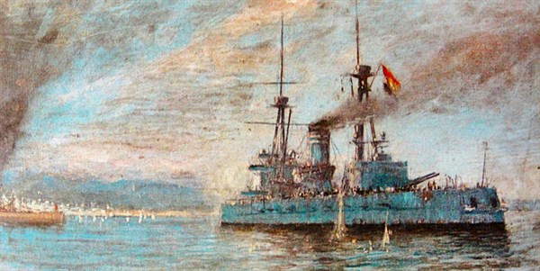 Spanish naval cruiser off Barcelona during the Spanish Civil War