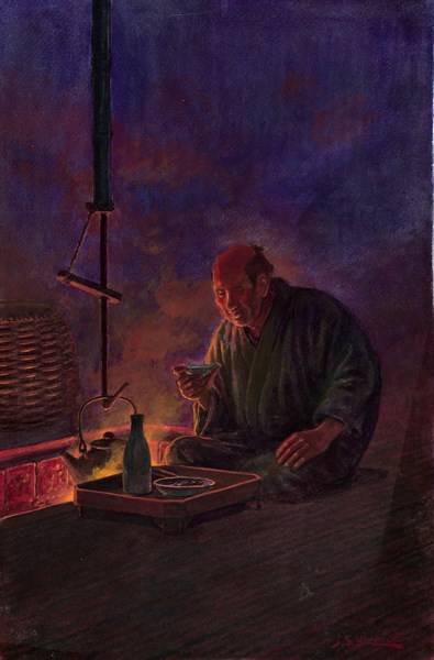 Man drinking sake before the hearth