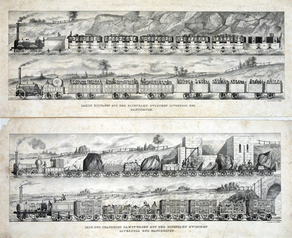 Print showing two views of passenger trains of the Liverpool and Manchester Railway Company