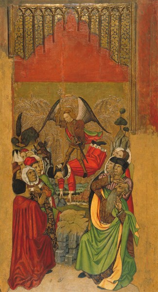 Stucco relief depicting Saint Michael vanquishing the Antichrist by Jaume Huguet