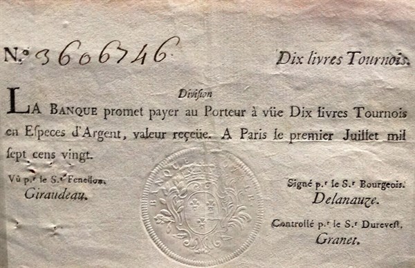 10 livres tournois banknote, issued by the Banque Royale, France, 1720