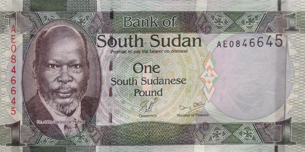South Sudan banknote, 2011; features a portrait of John Garang