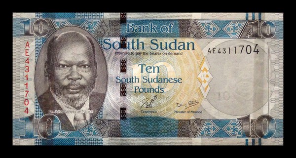 South Sudan banknote, 2011; features a portrait of John Garang