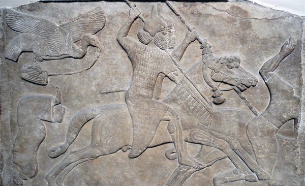 Wall frieze depicting a king or noble on horseback defeating an enemy. Assyrian, about 865-860 BC