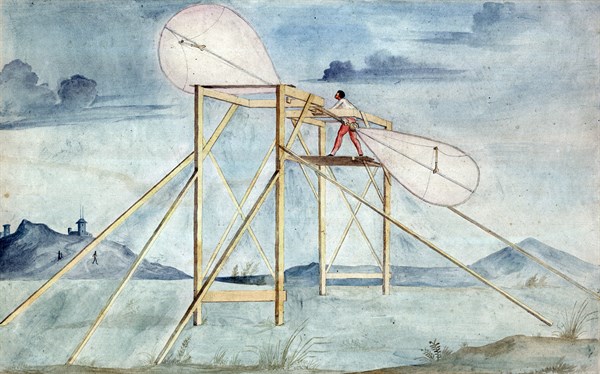 Man standing on a platform manipulating a set of paddle-like wings for a hand-operated aeronautical propeller [ca. 1850]