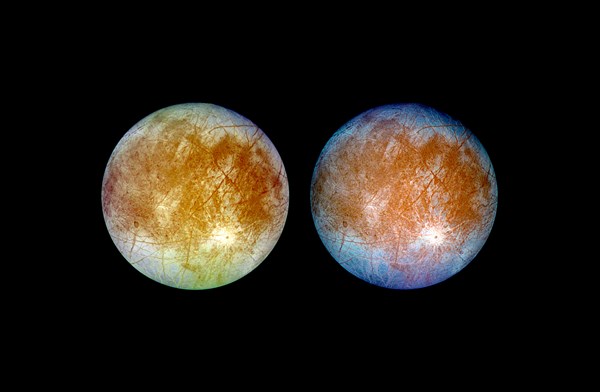 two views of Jupiter's ice-covered satellite, Europa.