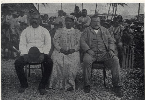 Photograph of Prime Minister of New Zealand Richard Seddon and wife Mrs. Seddon with the King and Queen of Mangaia