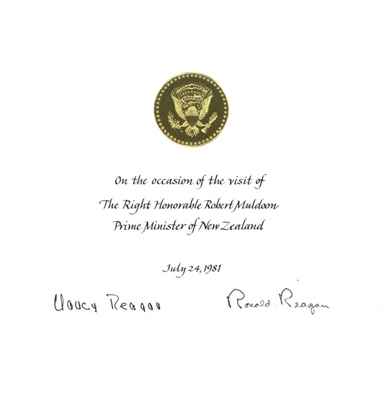 A certificate commemorating Prime Minister Robert Muldoon's visit with President Ronald Reagan and First Lady Nancy Reagan