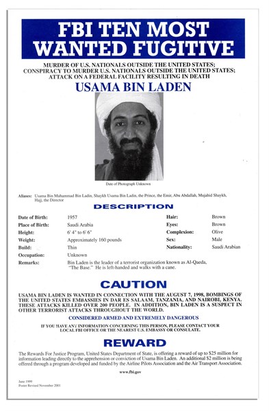 Top Ten Most Wanted notice issued by the FBI for Osama Bin Laden