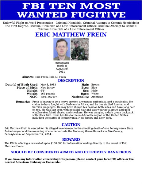 Top Ten Most Wanted notice issued by the FBI for Eric Matthew Frein