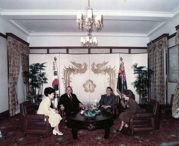 Prime Minister of New Zealand meets President Park Chung hee of South Korea and his daughter, Park Geun-hye